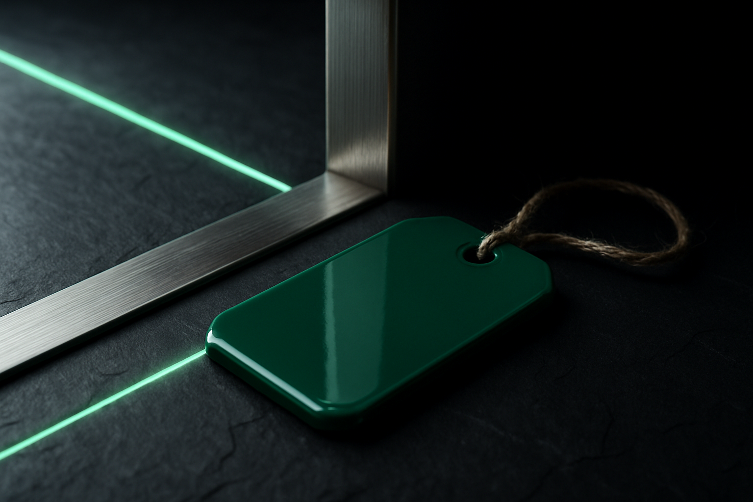 A glowing green line leading up to a green luggage tag at a raised brushed-metal threshold on dark slate, the line stopping at the edge with the space beyond falling into shadow.