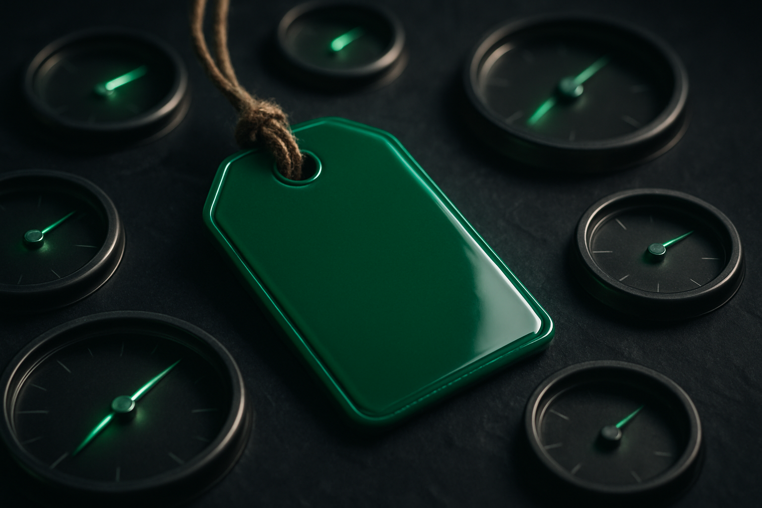 A glossy green luggage tag on dark slate surrounded by small brushed-metal dials with softly glowing green needles, as if being measured from several angles.