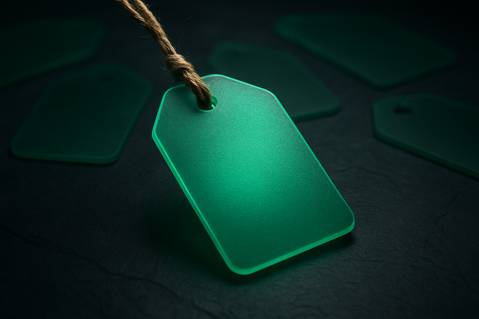 A frosted, translucent green luggage tag on dark slate that shows something is present without revealing detail, with faint unidentifiable green tag silhouettes dissolving into shadow around it.