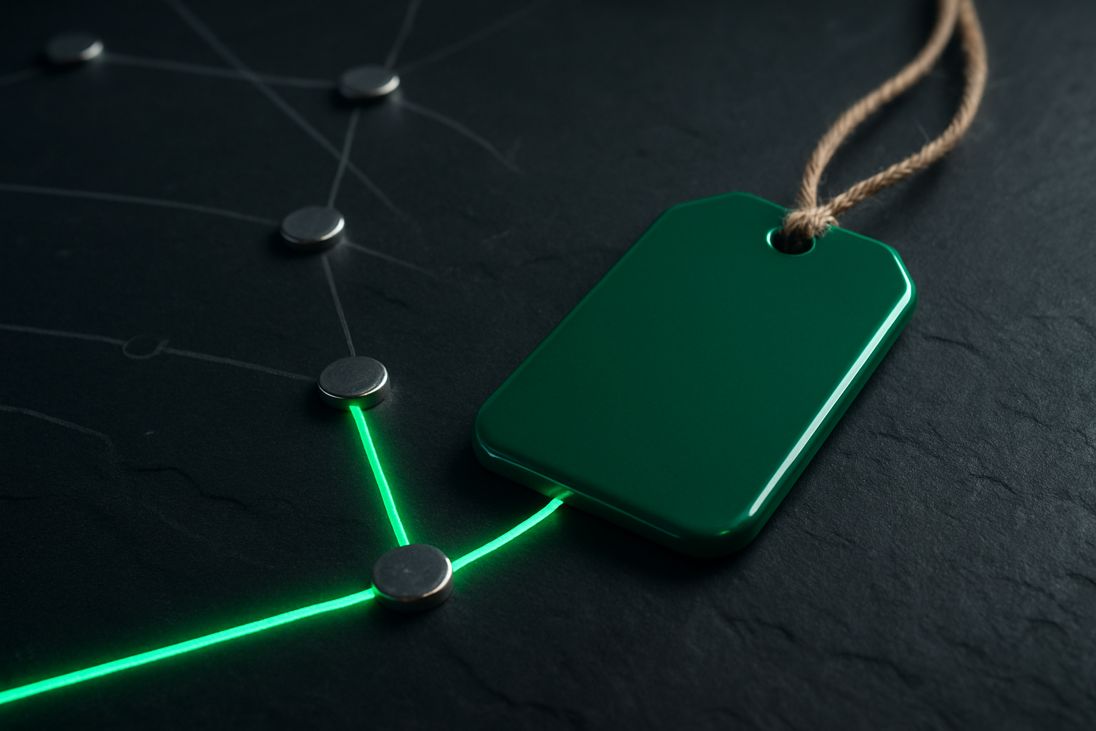 A glossy green luggage tag at the end of a single glowing green line that threads through several brushed-metal waypoint studs on dark slate, with fainter untaken routes around it.