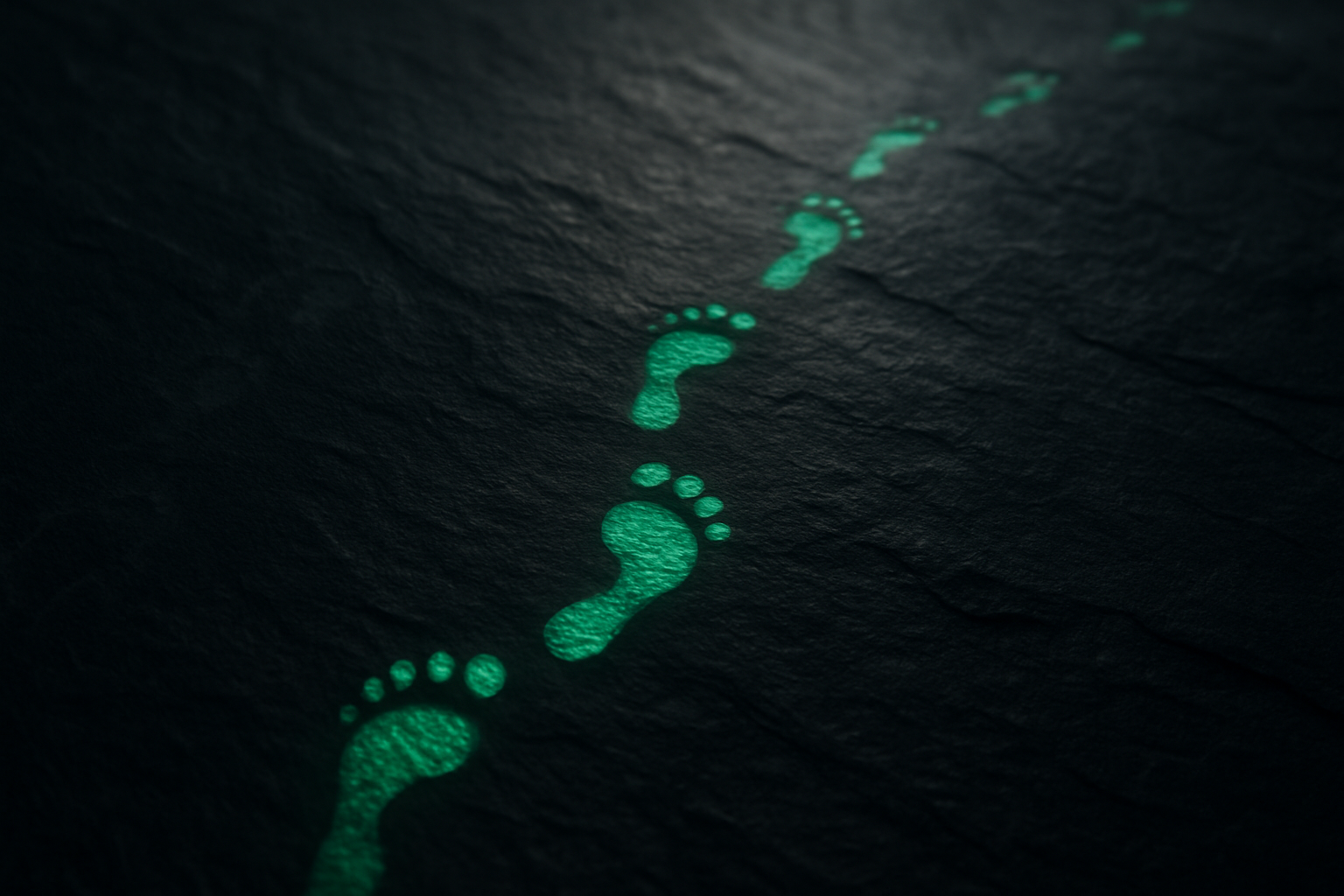 An overhead view of dark slate with a single trail of glowing emerald footprint-like marks crossing it, fading from faint to bright, with dim untracked paths in the shadows around it.