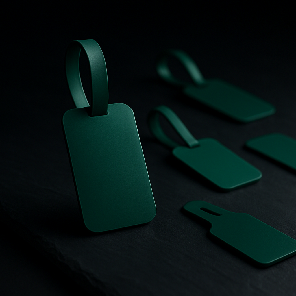 A minimalist emerald green luggage tag beside a few simple alternative green tags on dark slate