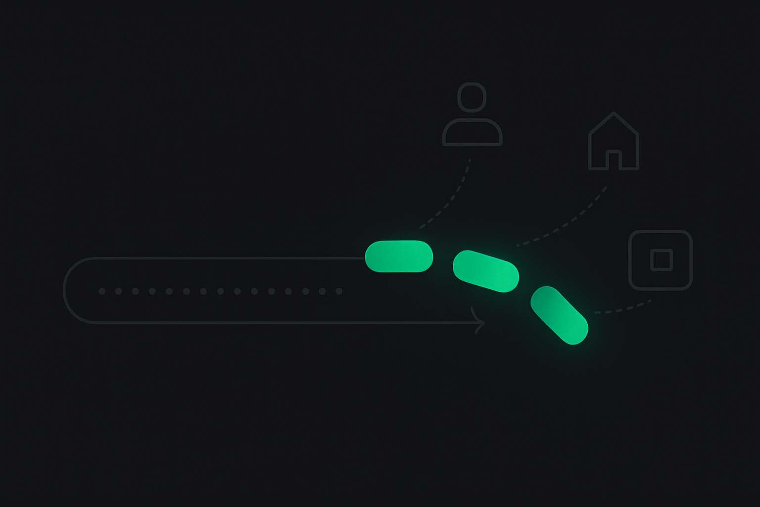 Dark illustration of a link with three glowing green tags breaking away from its end, each following a dotted path to a different simple outlined icon.