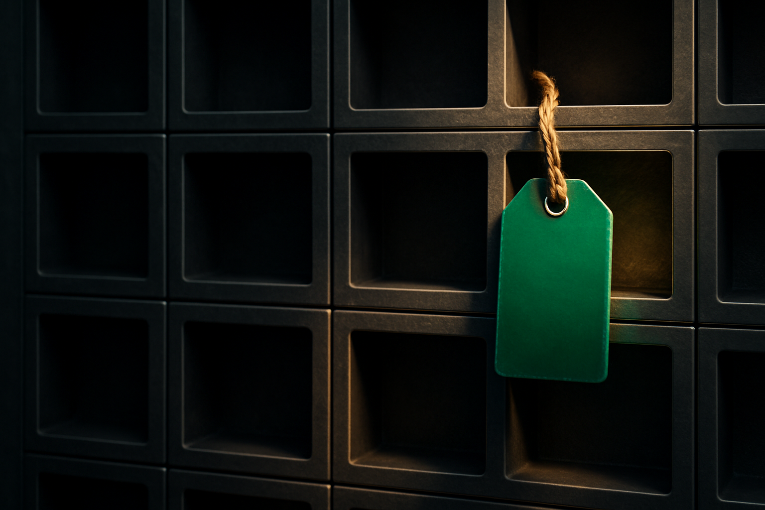 A grid of small dark compartments, most empty and shadowed, with one lit compartment holding a glossy green luggage tag caught in a shaft of light, as if just located.