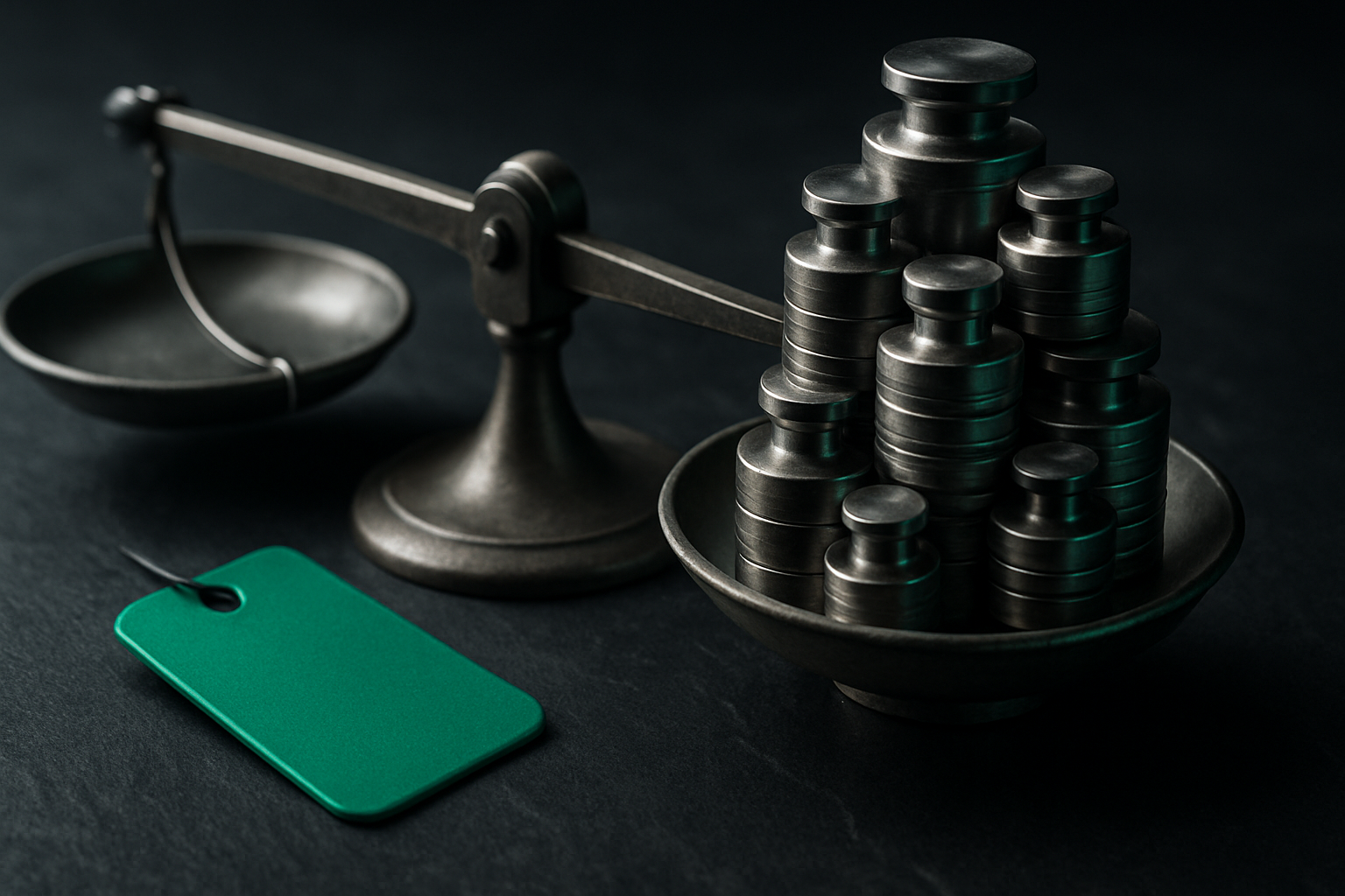 A brushed-metal balance scale on dark slate with a single small green luggage tag on the light side and a tall stack of faintly green-glowing metal weights sinking the other side.