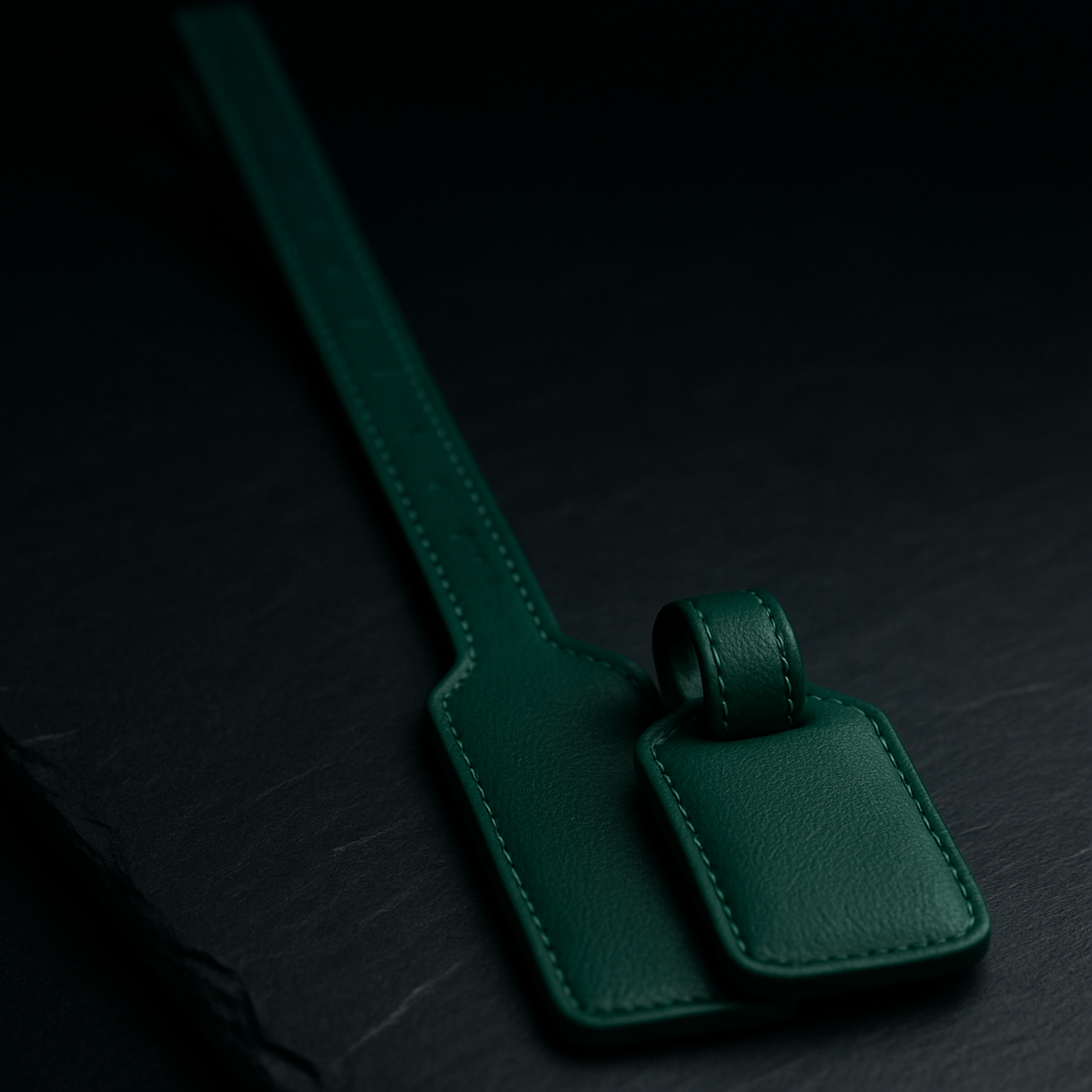 A long emerald green luggage tag folding into a small compact tag on dark slate