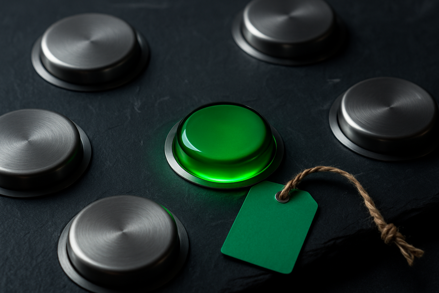 A cluster of brushed-metal push-buttons on dark slate with one glossy green button pressed and glowing, a small green luggage tag resting beside it.
