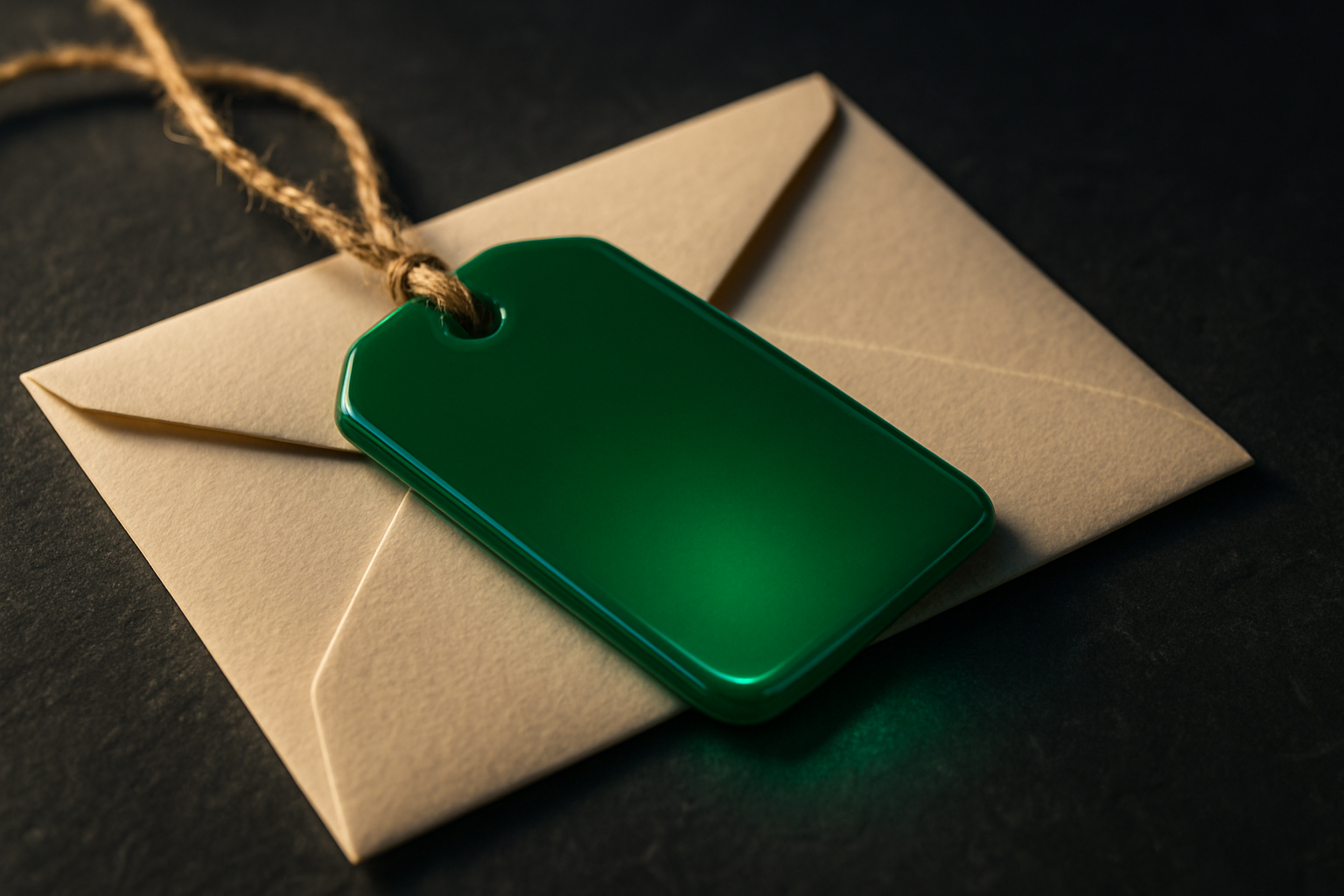 A glossy green luggage tag on twine resting on a plain cream paper envelope on dark slate, lit from above with a soft green glow.