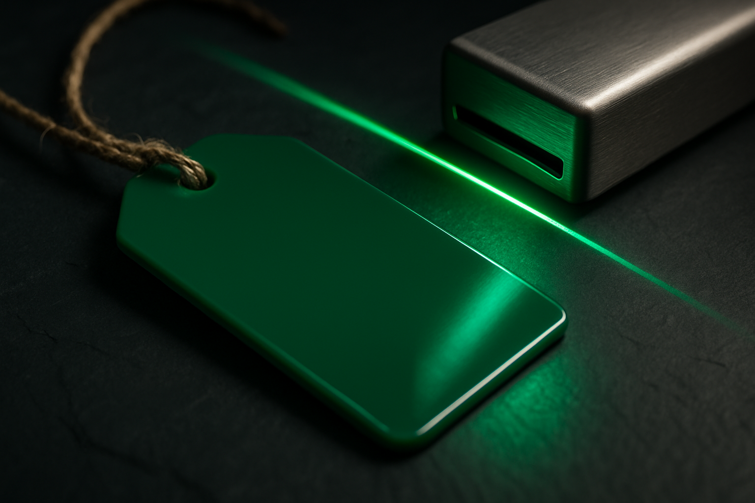 A glossy green luggage tag on twine passing under a thin beam of green scanner light on a dark slate surface, as if the tag is being read.