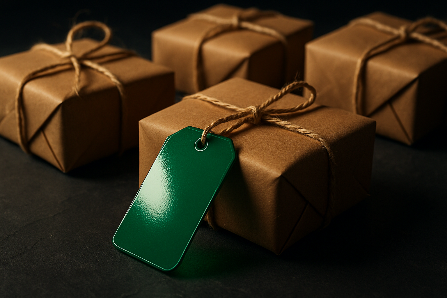 A kraft paper parcel with a glossy green luggage tag tied to it, sharp in the foreground, while three untagged parcels sit behind it with empty twine loops.