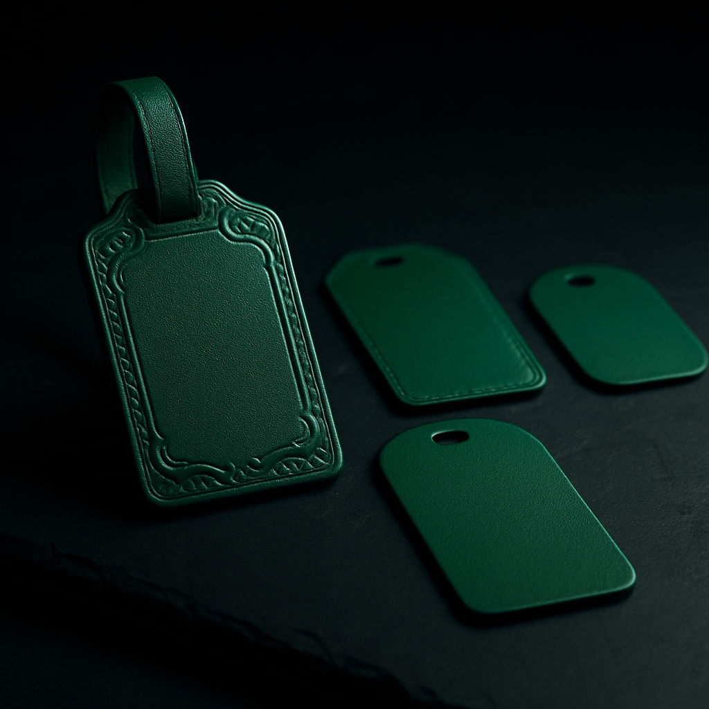 An ornate emerald green luggage tag beside several simpler alternative green tags on dark slate