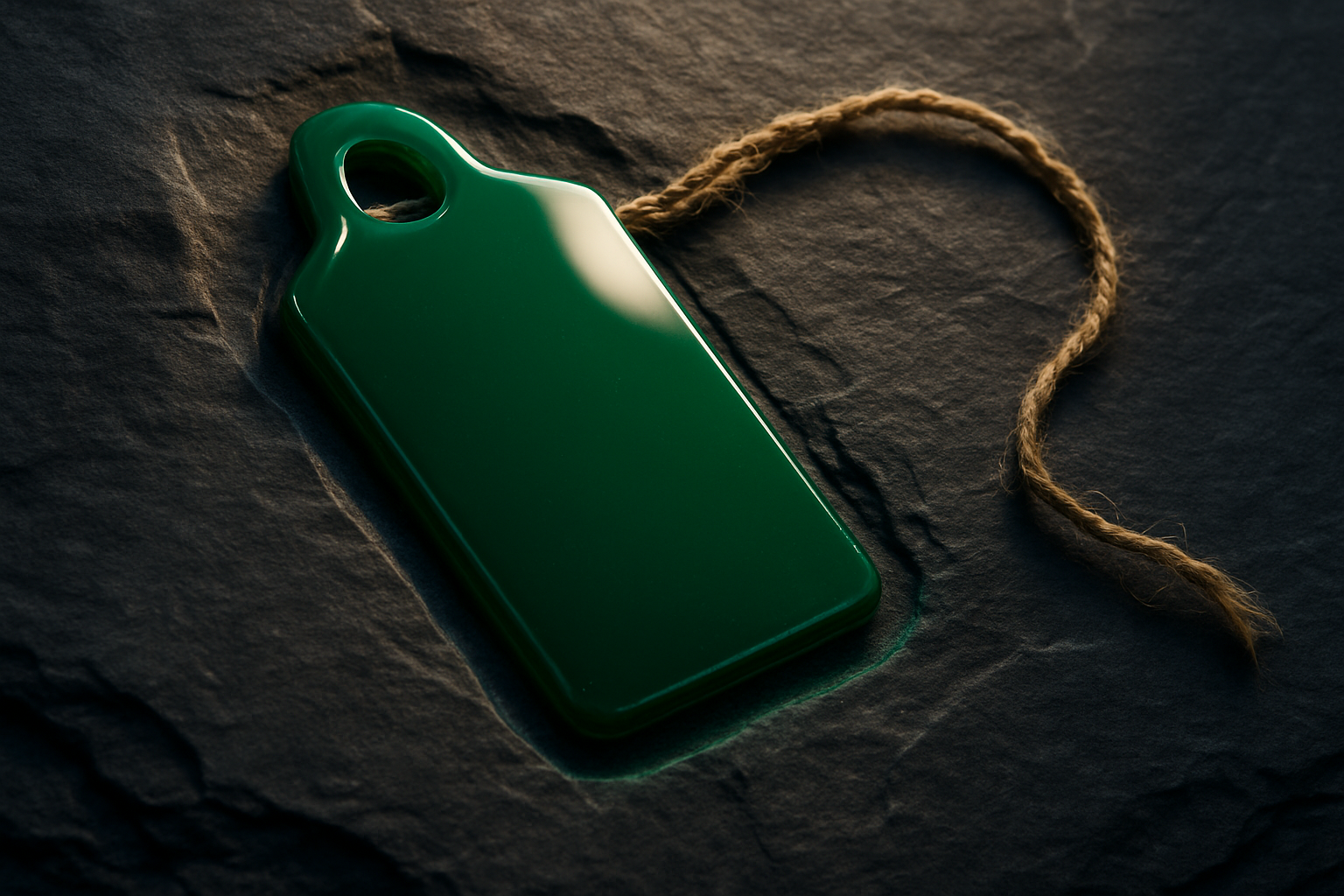 A single glossy green luggage tag on twine resting on dark textured slate, lit from above like an artifact, with a faint green glow around its base.