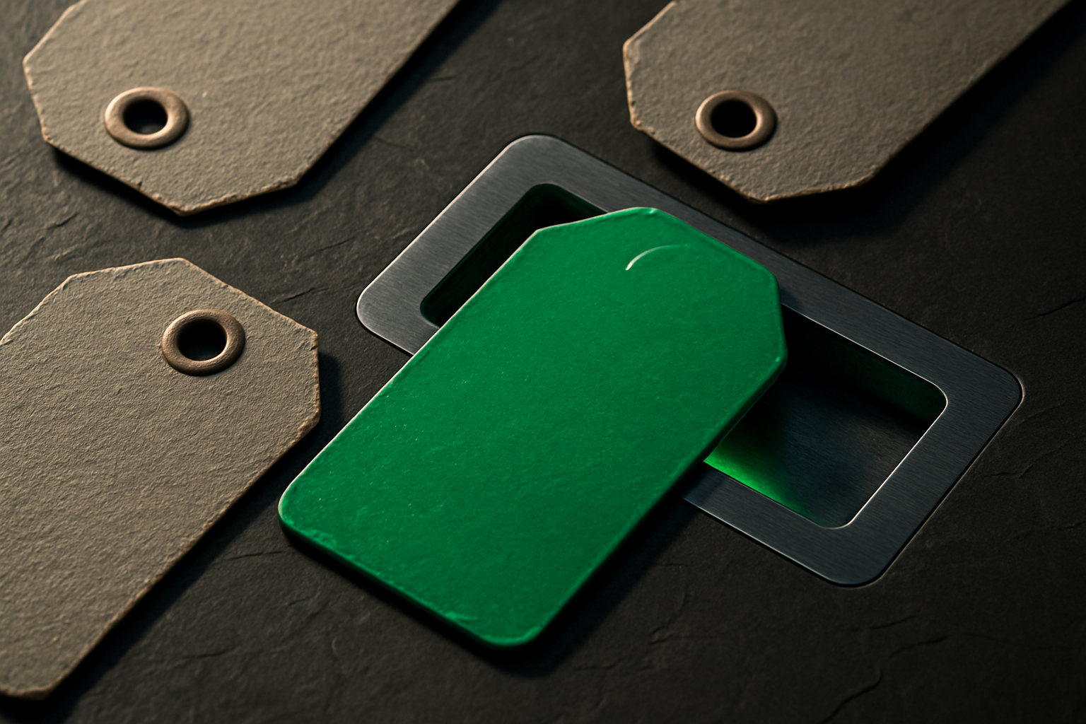 Three plain kraft luggage tags scattered on a dark slate surface, and one glossy green tag resting across a machined metal slot cut into the same surface.