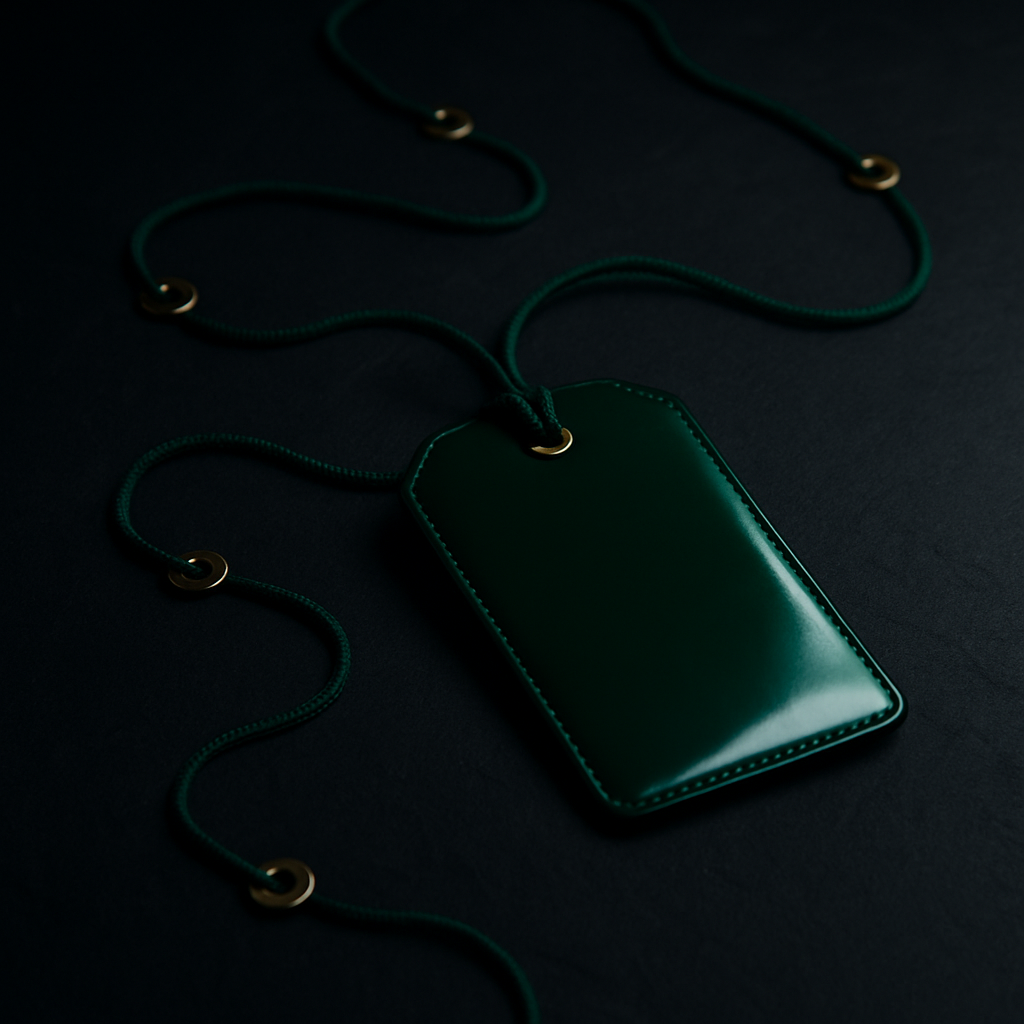 A glossy emerald green luggage tag with a cord winding across dark slate like a route on a map
