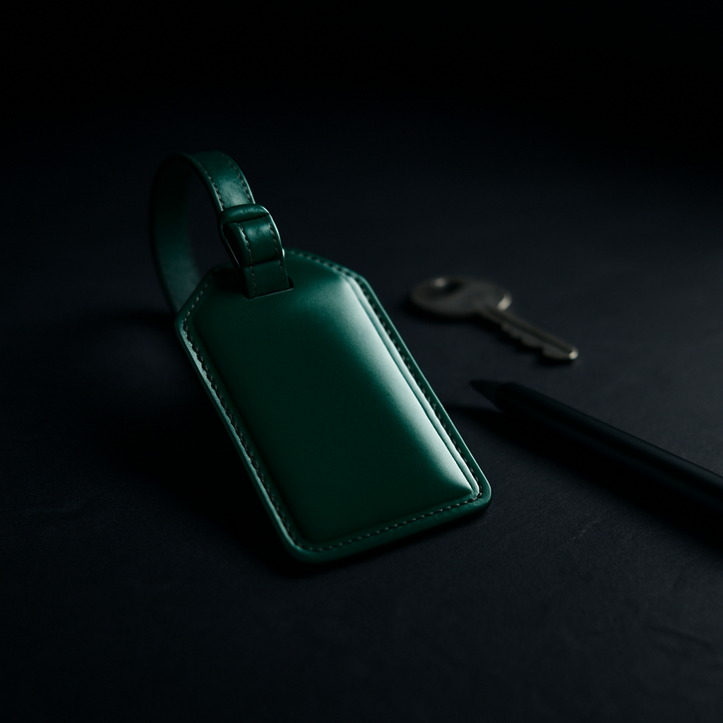 A single glossy emerald green luggage tag beside a plain key and pen on a dark slate desk