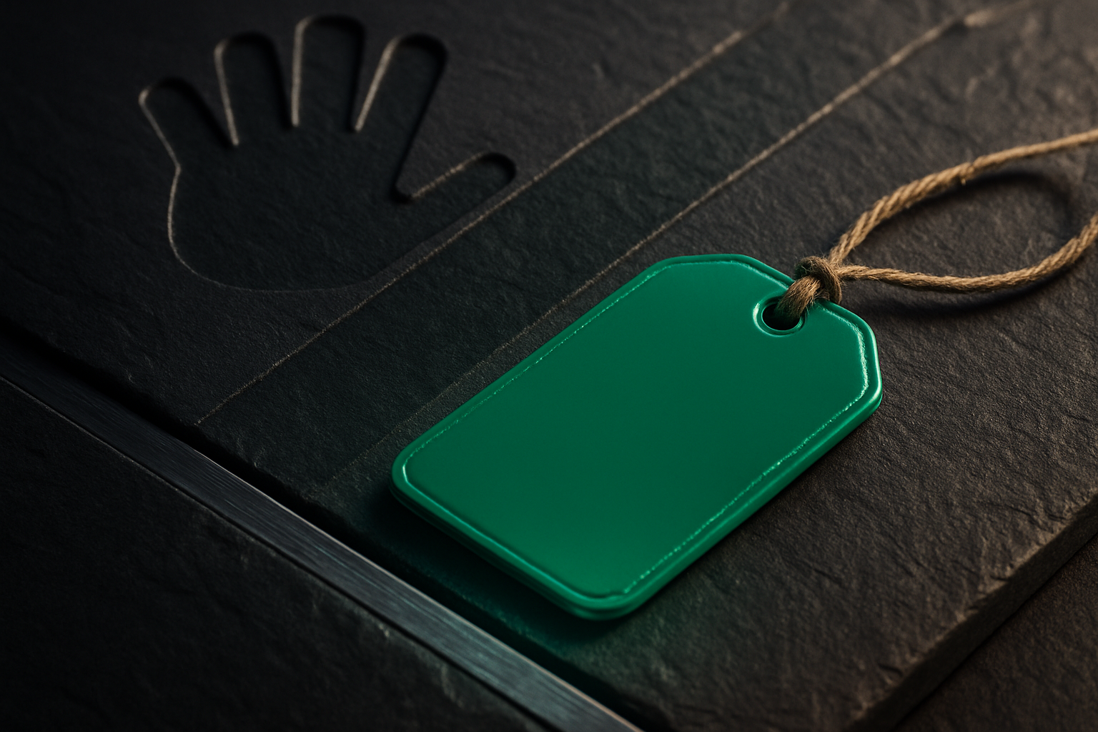 A glossy green luggage tag on dark slate beside a raised metal edge, with a stop-hand symbol carved into the slate, suggesting the tag does not belong here.