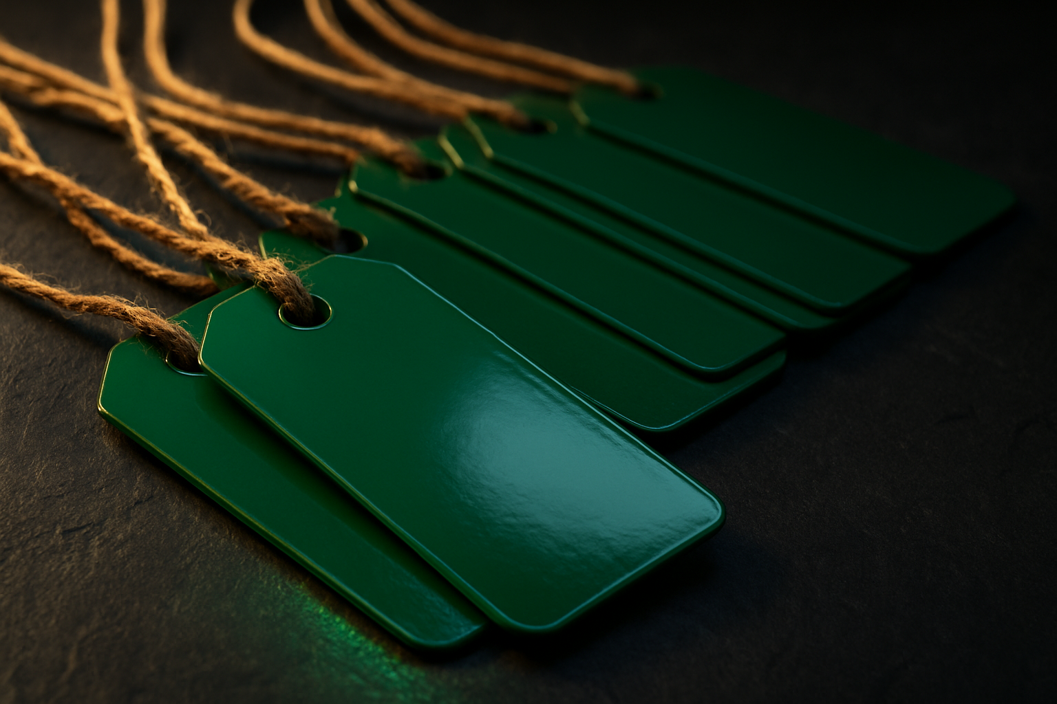 A neat fanned row of several glossy green luggage tags, each threaded with twine, laid out on a dark slate surface like a prepared set ready to use.
