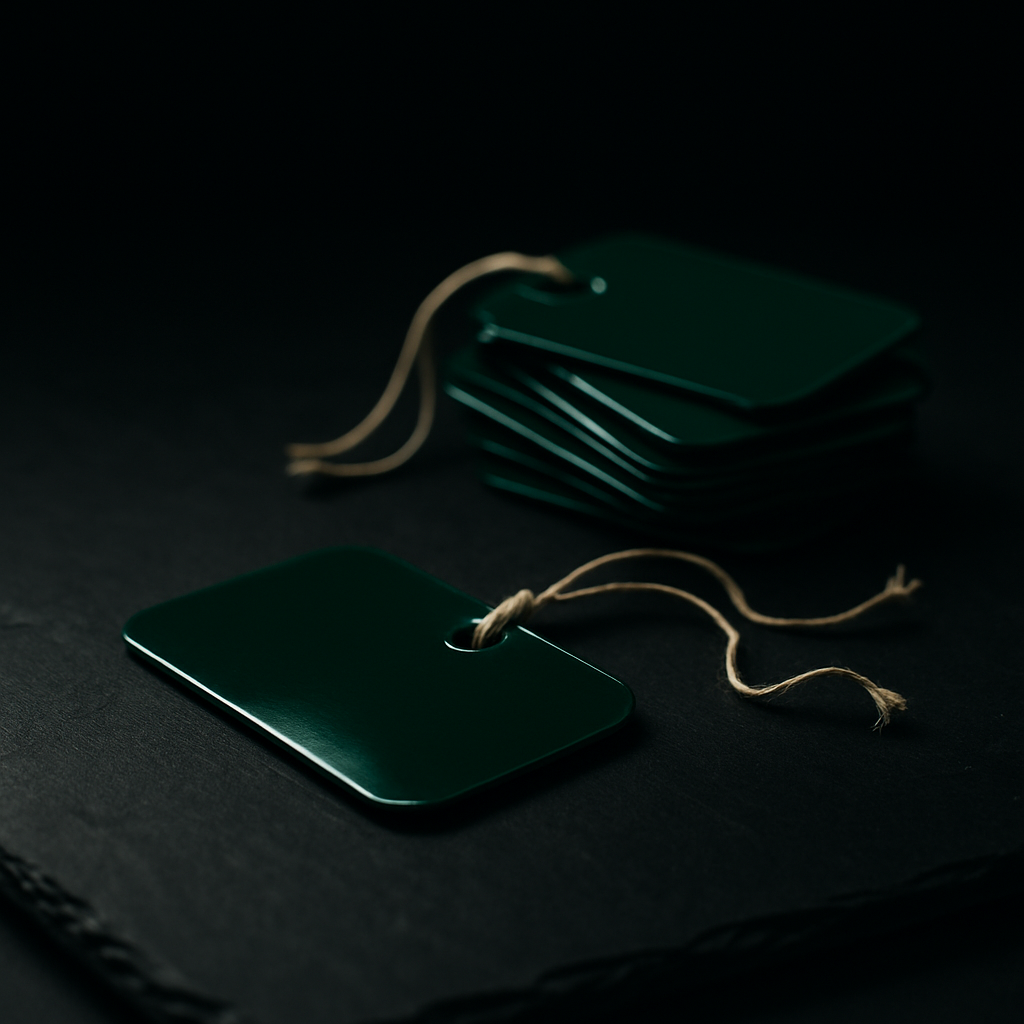 A glossy emerald green luggage tag with several smaller tags on dark slate, strings hanging free