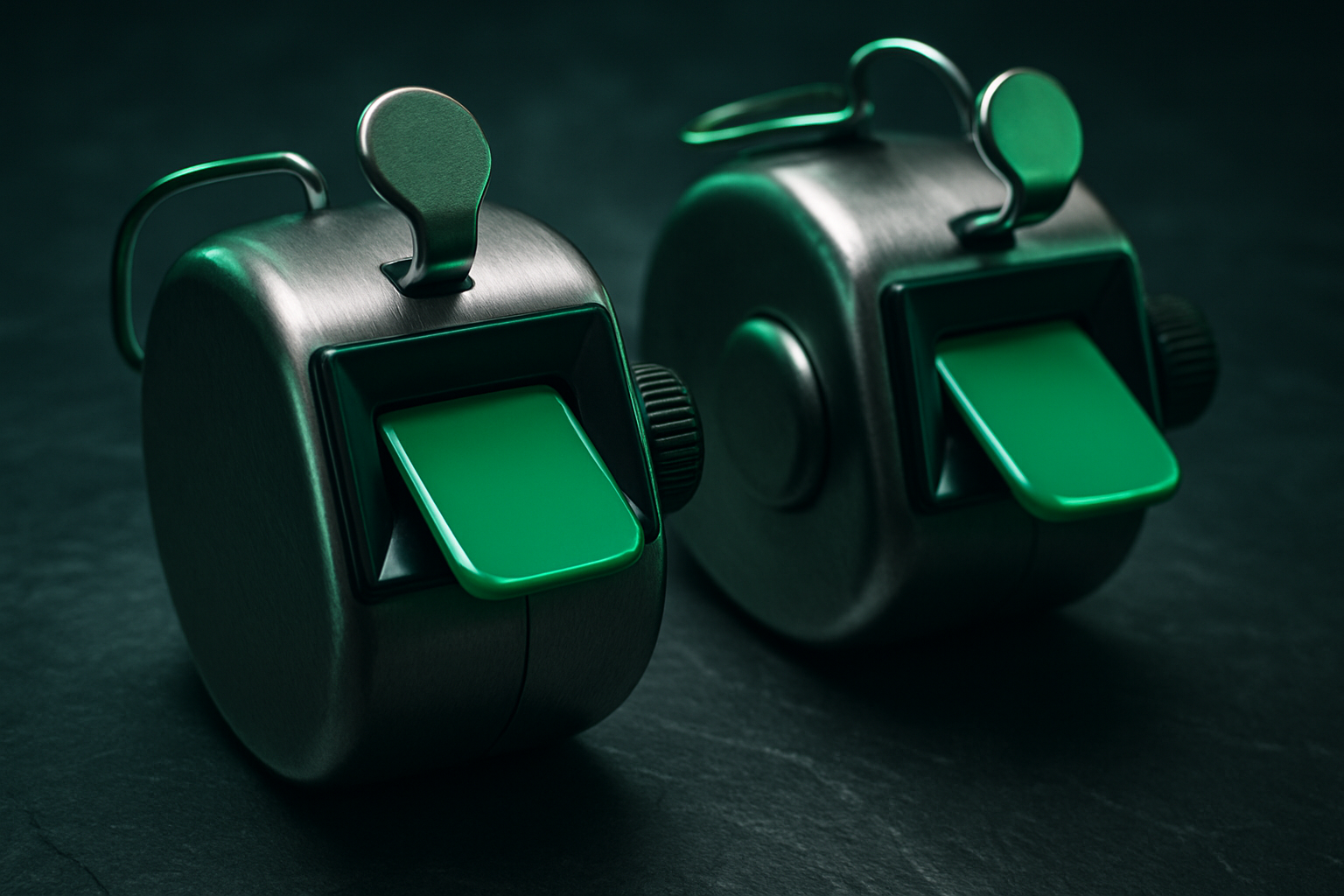 Two brushed-metal mechanical tally counters side by side on dark slate, each with a blank glowing green display window, stopped at different positions as if they disagree.