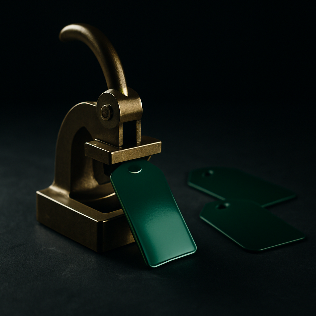 A glossy emerald green luggage tag emerging from a small brass press on dark slate, freshly made