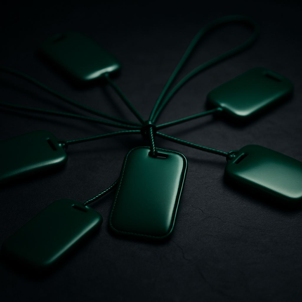 Small emerald green luggage tags connected by cords radiating from a central hub on dark slate