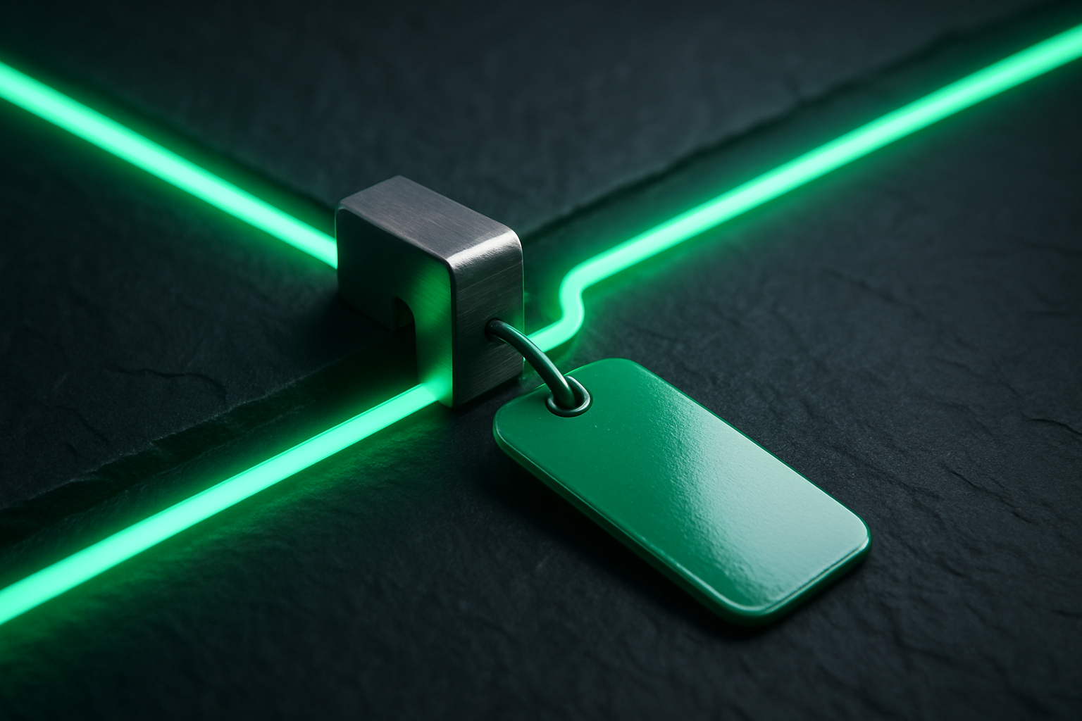 A glowing green line bending around a brushed-metal right-angle junction on dark slate and continuing unbroken, carrying a small green luggage tag past the bend.