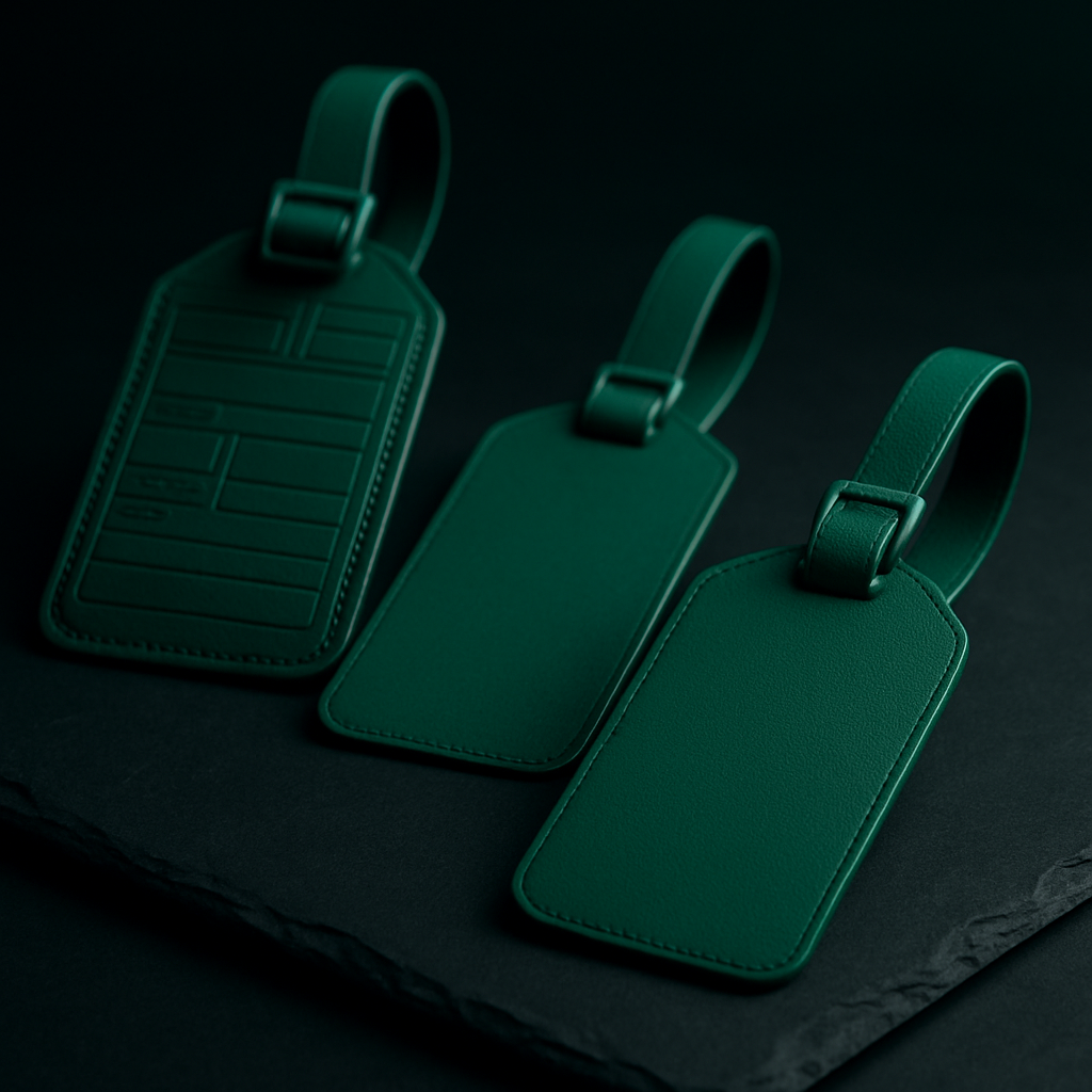 A large over-complicated emerald green luggage tag beside two simpler green tags on dark slate