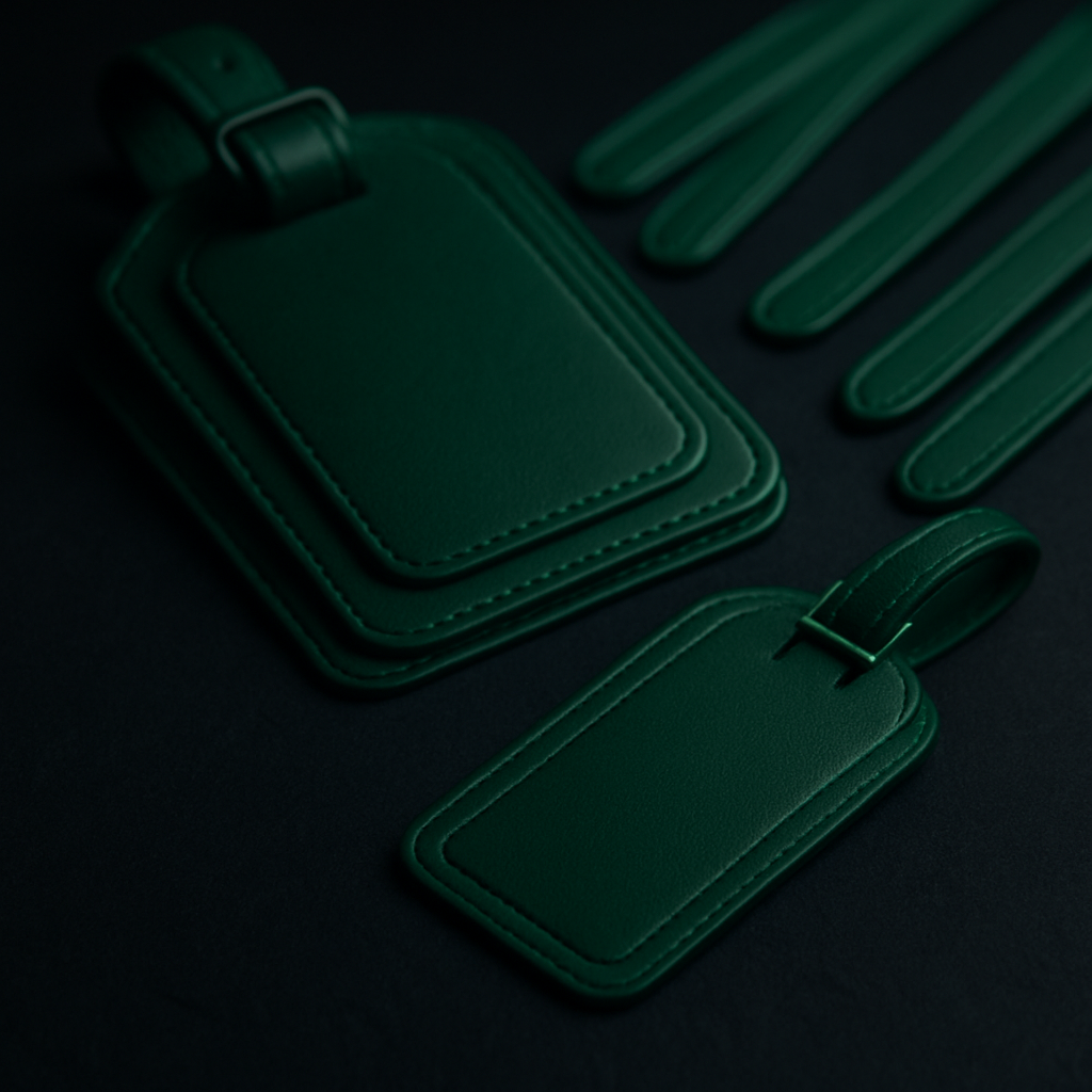 A large layered emerald green luggage tag beside simpler thin green tags on dark slate