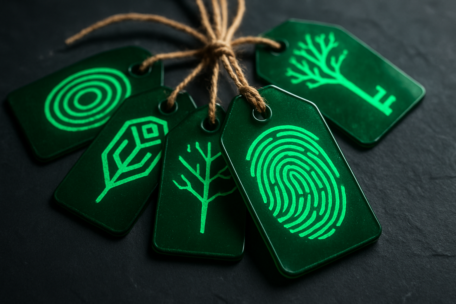 Five green luggage tags fanned out on dark slate, each etched with a different unique glowing green pattern like distinct keys, the nearest one sharpest.