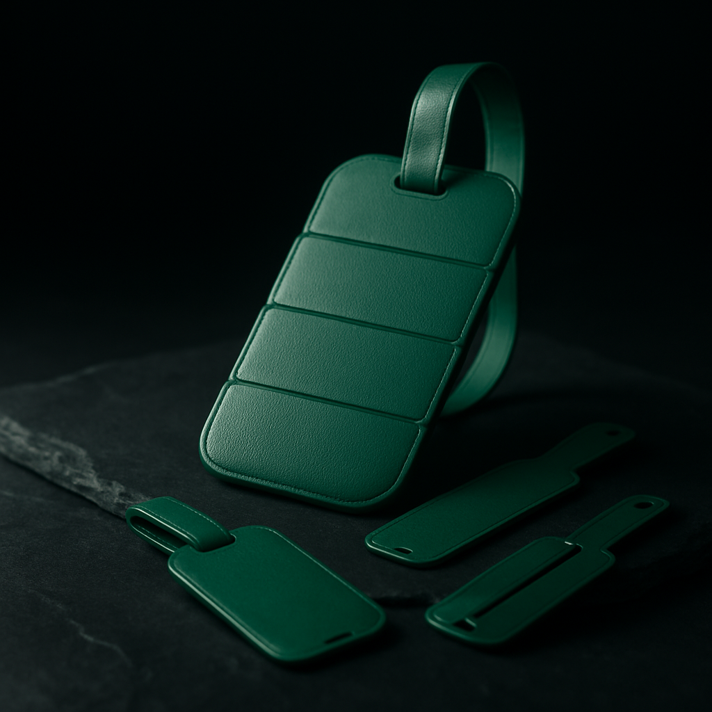 A large segmented emerald green luggage tag beside smaller single-purpose green tags on dark slate