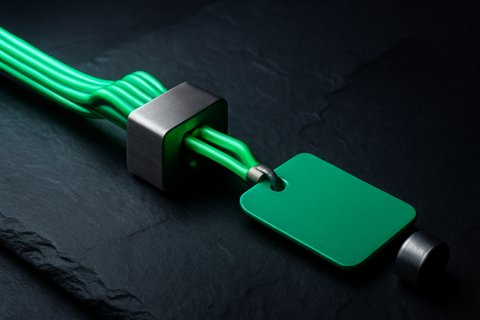 A long glowing green line compressed through a brushed-metal clamp into a short segment with a green luggage tag, the short line ending at a metal cap with shadow beyond.