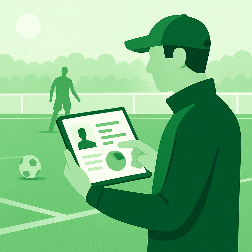 Coach reviewing youth soccer scouting data on a tablet