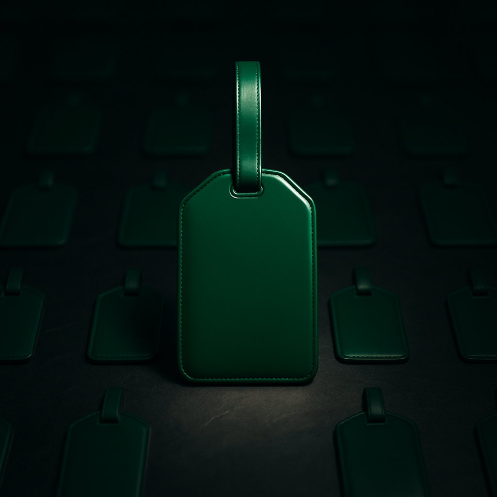A large glossy emerald green luggage tag spotlit on dark slate, surrounded by a faint grid of smaller tags