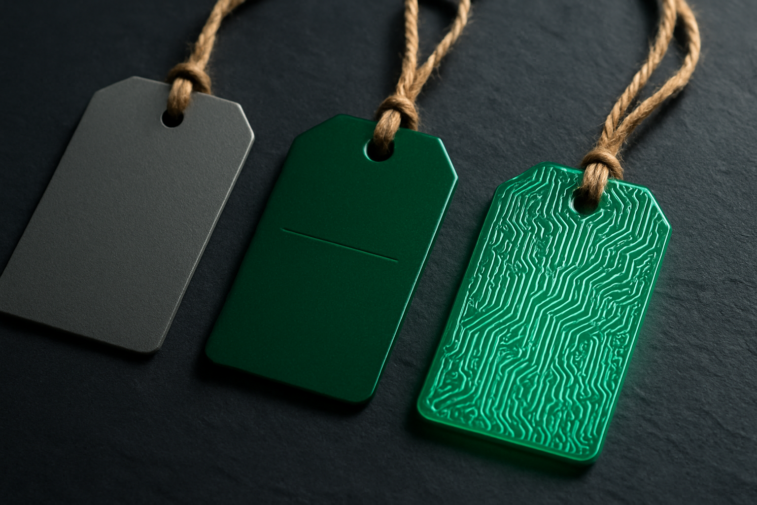 Three luggage tags in a row on dark slate showing increasing detail: a plain grey blank, a glossy green tag with one faint line, and a brightly glowing green tag densely etched with circuit-like grooves.
