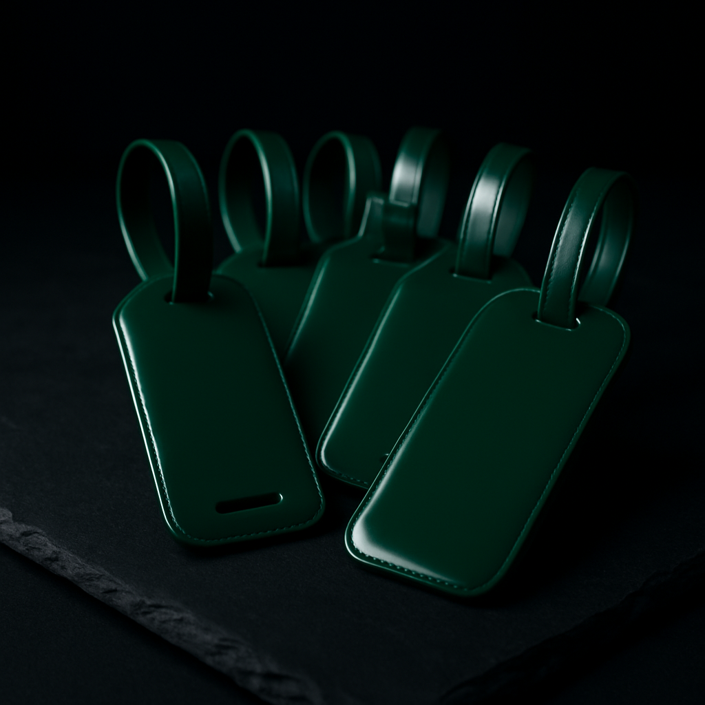 A fanned row of six glossy emerald green luggage tags on a dark slate surface